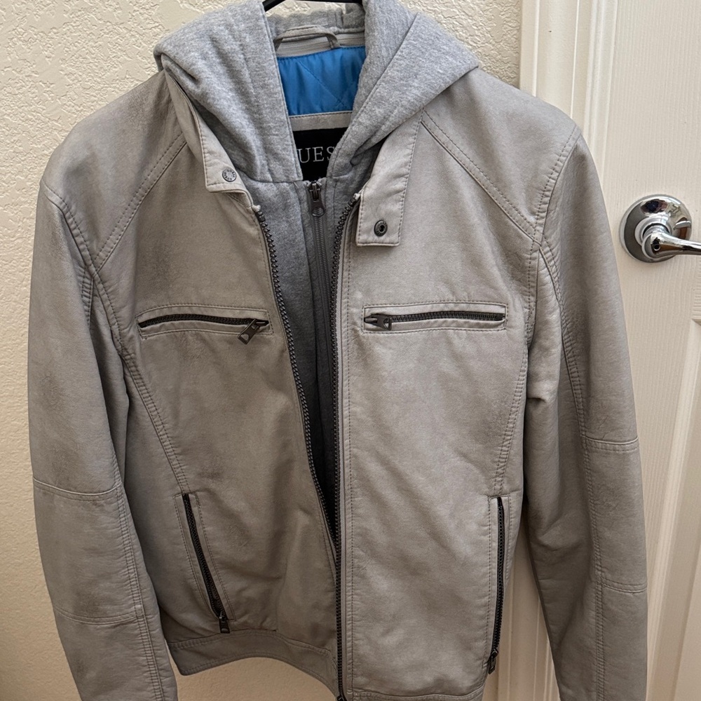 GUESS Men's Light Gray Bomber Jacket with Hoodie